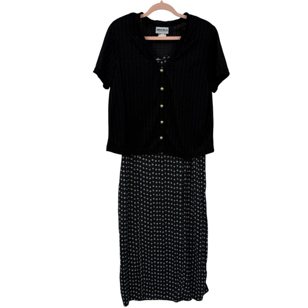 Vintage Caroline Wells 2 Piece Maxi Dress Cardigan size 14 black Floral 90's Y2K - Picture 3 of 15